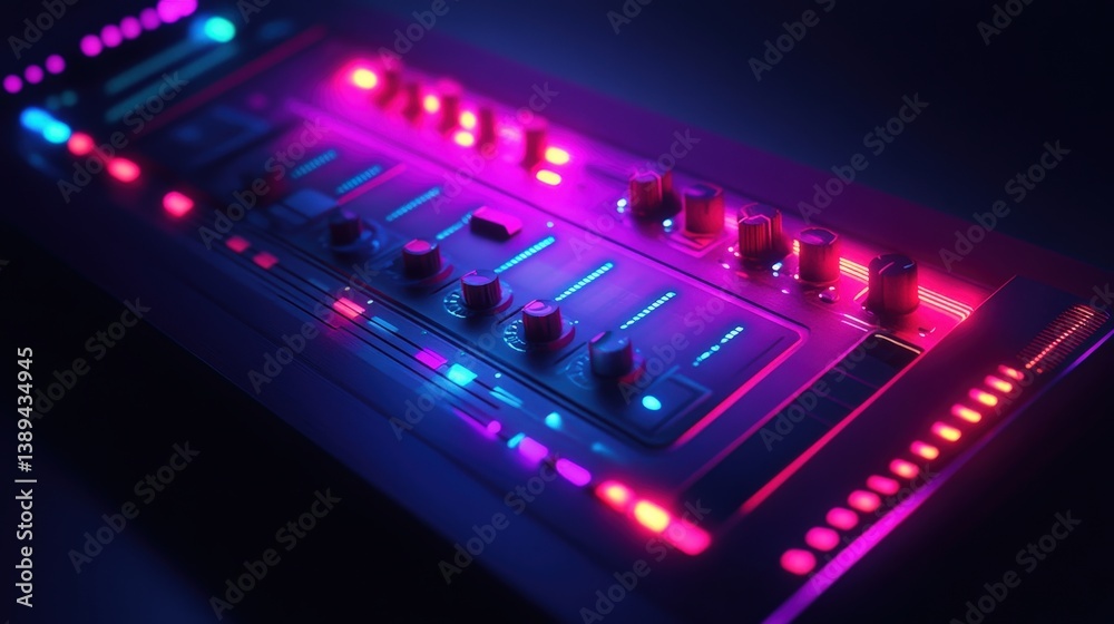 Poster a modern ui control panel featuring soft-touch tech buttons with futuristic animations and neon acce