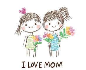 Two sweet little girls are holding flowers, feeling happy and lovely