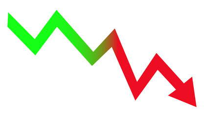 A transparent PNG of a dynamic green-to-red arrow showing a sharp rise and sudden crash. Ideal for illustrating financial trends, stock market analysis, and economic graphics. © FurqanFalahi