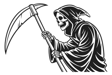 Naklejka premium 75 Dark grim reaper, hooded figure, scythe, red circle background, black and red color scheme, ominous, stylized illustration, vector art, sharp contrasts, menacing, gothic aesthetic, shadowy, death p