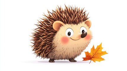 Cute cartoon hedgehog with autumn leaf