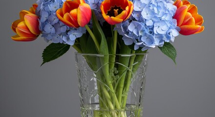 Vibrant Tulips and Hydrangeas Bouquet - A stunning bouquet of orange tulips and blue hydrangeas in a clear glass vase. Perfect for spring or any occasion