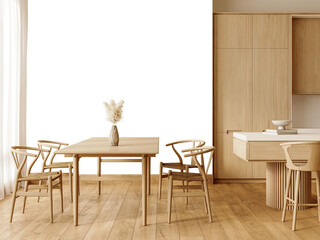 ree PNG wallpaper mockup in Interior Kitchen and Dining  Room, Elegant Dining Room with Wooden Furniture and Natural Light., 3D rendering
