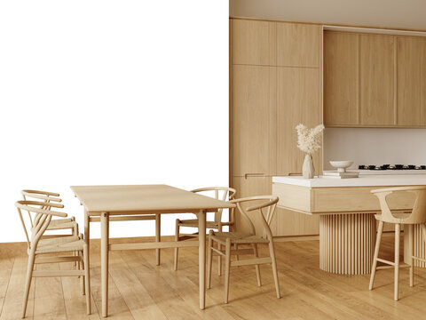 ree PNG wallpaper mockup in Interior Kitchen and Dining  Room, Modern Wooden Dining Room with Kitchen., 3D rendering
