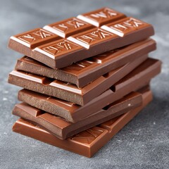 A stack of milk chocolate bars, showcasing the individual wrappers and the overall quantity - top wrappers assortment flat