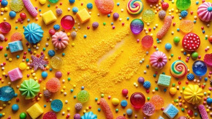 A vibrant assortment of colorful sweets and sugary delights arranged on a bright yellow background, creating a cheerful and playful composition.