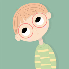 Obraz premium Cartoon child with light brown hair, big round glasses, and a curious expression, wearing a green and yellow striped shirt, on a teal background.