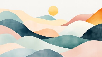 Abstract pastel landscape with sun.