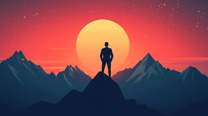 Businessman standing on mountain peak at sunset.