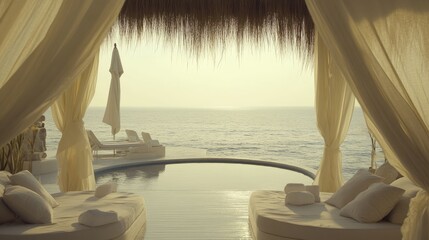 Obraz premium Simple elegance of white tents with thatched shades in front of calm sea
