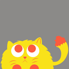 Cute cartoon yellow cat with big eyes on a gray background.