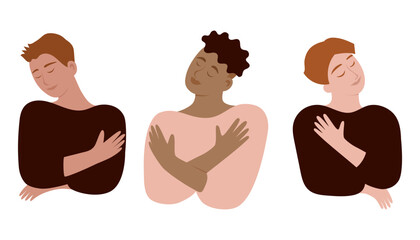 Illustration concept of a man hugging himself in front of a heart shape on white background, symbolizing self-love and acceptance. Hand-drawn vector in flat style.