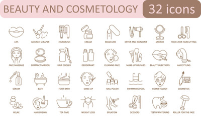 set of icons for body care, beauty, cosmetology, hygiene and makeup creation. Icons in flat style.Manicure, beauty salon, style and fashion