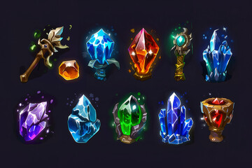 Fototapeta premium beautiful magical colored crystals of different types for game assets, gamedev, game consoles, npc, 8 bit, pixel art, AI generated