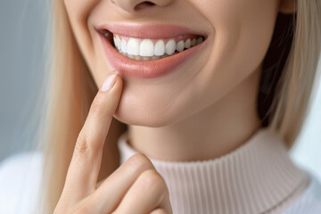 Obraz premium Close-up image of a woman pointing to her healthy gums, highlighting the importance of oral hygiene and dental health in a clinical setting.