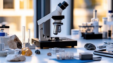 A modern lab setup featuring a microscope surrounded by various minerals, highlighting the scientific exploration and study of natural elements.