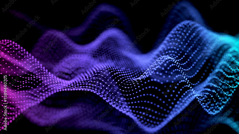 Poster Digital background with musical glowing particles. Big data visualization. 3d rendering.