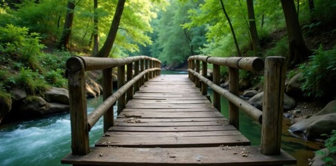 Obraz premium Old, worn wooden bridge over a river in the wilderness, wilderness, trees, wooden bridge