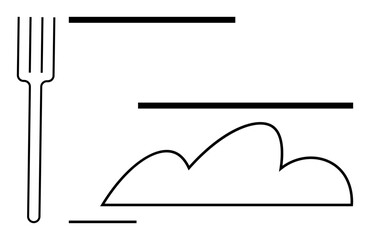 Fork outline with curved shape resembling food or cloud, styled in clean lines. Ideal for cooking, recipes, dining, food blogs, gastronomy, minimalistic design hospitality. Flat simple metaphor