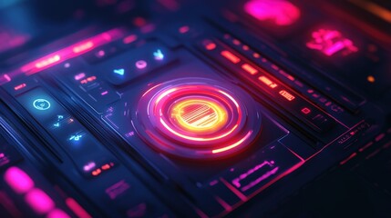 Obraz premium A neon-lit smart button embedded in a futuristic control panel, designed for seamless digital interactions.
