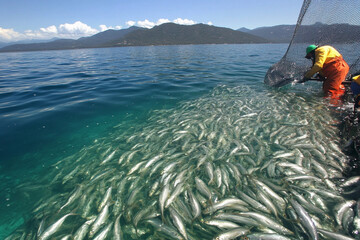 Fisherman pulling a net full of fish amidst clear blue water and vibrant mountain backdrop