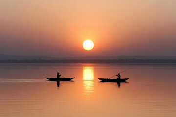 Fototapeta premium Fishing at sunset creates a serene and chaotic scene on the calm waters of the lake