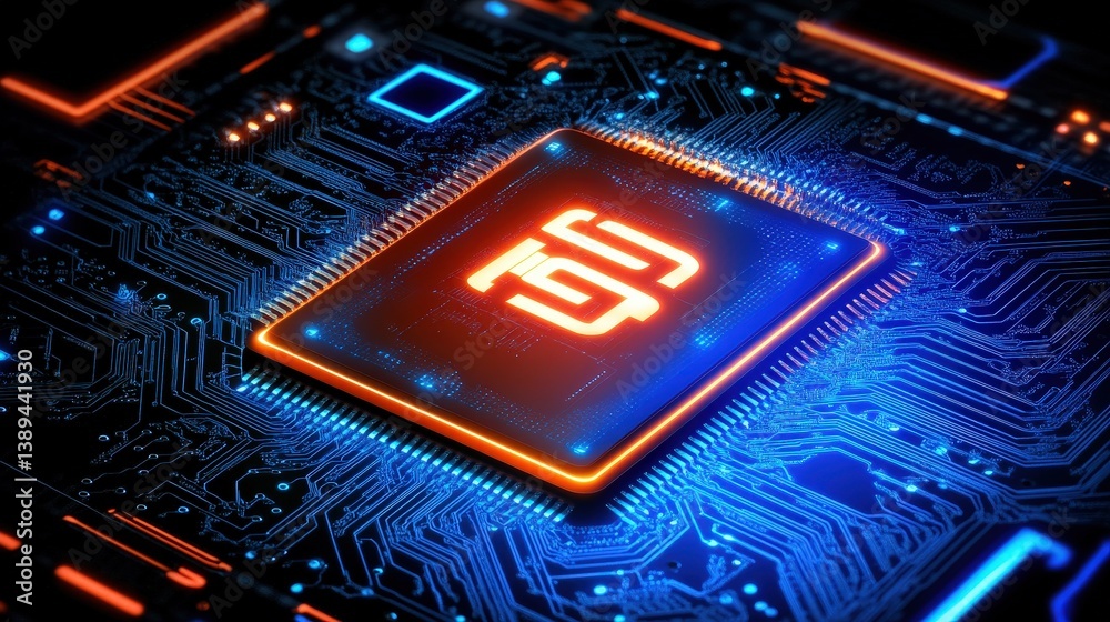 Poster a next-generation computing abstract with futuristic microchips, glowing ai symbols, and quantum com