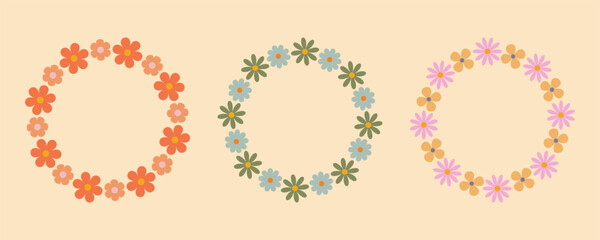 Groovy flower circle frame set. Floral circle frame. Hand drawn simple botanical round border, laurel, wreath with flowers. Vector illustration for wedding invitation, card, logo. © spirka.art