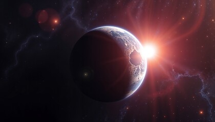 Obraz premium Cosmic planet surrounded by stars and glowing nebula 