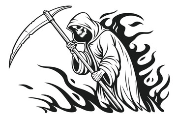 76 Grim reaper, hooded figure, scythe, black and white illustration, dotted shading technique, ethereal, floating, dark shadows, flames, ominous, detailed linework, gothic style, eerie atmosphere, sup