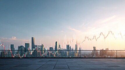 Rooftop View of City Skyline with Forex Graph Overlay at Sunset