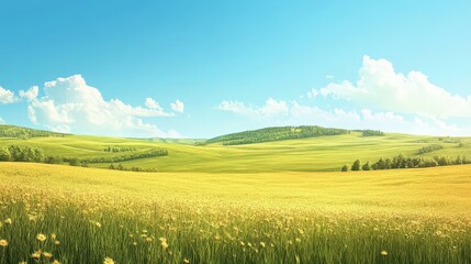 Obraz premium panoramic grassland landscape with vast golden fields stretching endlessly under a clear blue sky