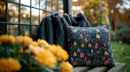 Naklejka premium Cozy Autumn Leaves Pillow: Home Decor, Fall, Nature, and Relaxation