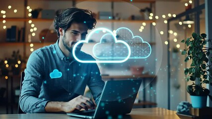 An individual seated desk is shown using their laptop, surrounded cloud computing interface. Warm lighting background adds ambiance. The scene depicts remote work, data security , internet connection. - Powered by Adobe
