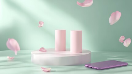 Pink Cylinders on Podium, Floating Petals, Minimalist Scene