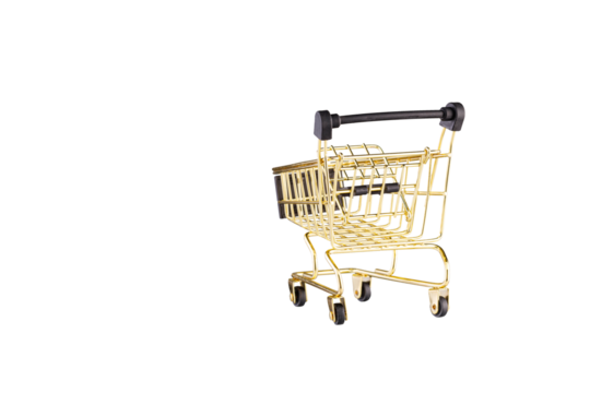 shopping trolley side view gold, yellow and black color cart on isolated white background close up