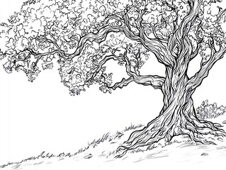 Ancient oak tree illustration, hill background, nature art, design element
