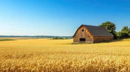 A peaceful countryside summer landscape with golden wheat fields, a rustic wooden barn, and a clear blue sky.