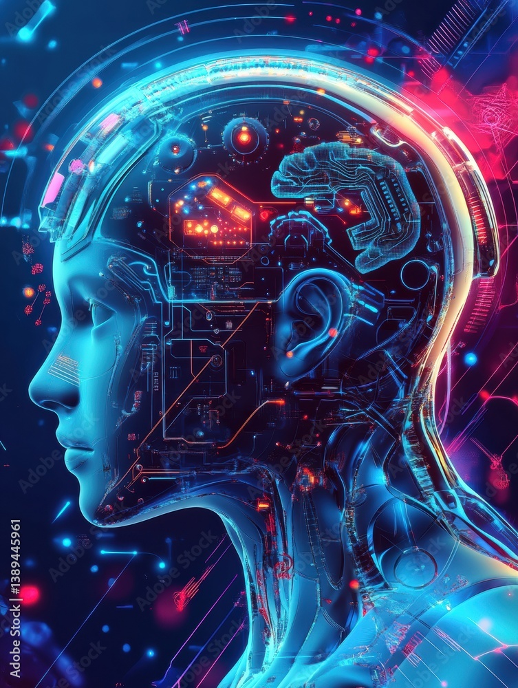 Aufkleber Exploring the connection between AI, robotics, and cognitive technology through a vibrant digital illustration