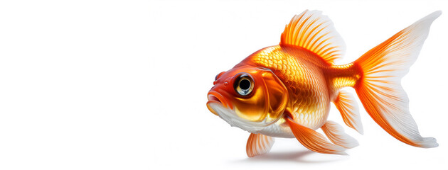 Fototapeta premium Extreme close-up of a beautiful goldfish, front and side view, isolated on white background with copy space. Blank wide banner. Generative Ai.