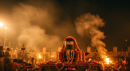 Night scene of Mahashivratri celebration with a Shiva Lingam adorned with flowers and surrounded by devotees and burning lamps.