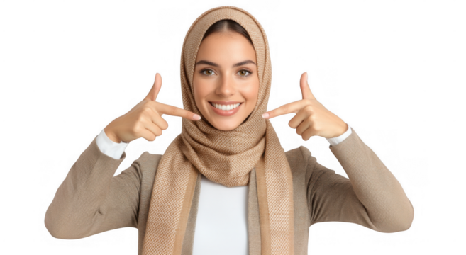 Smiling woman in a beige hijab gestures while promoting positivity and confidence