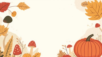 Autumn leaves, pumpkins, and mushrooms border. Background image for seasonal celebration