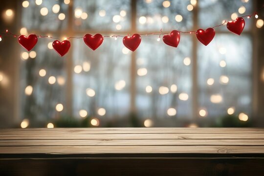 Wooden table in foreground with string of red heart-shaped lights against a blurred background of warm-toned window lights.