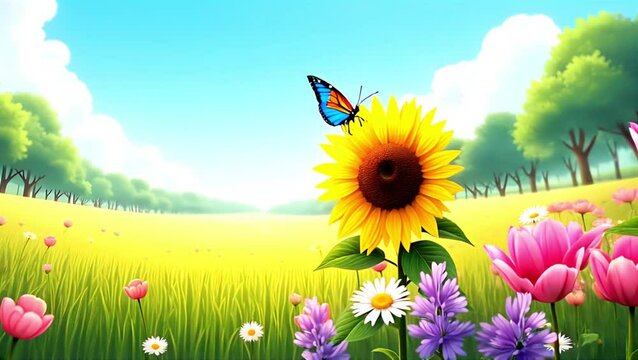 Butterfly on Sunflower with Camera Pan in Spring Meadow as It Flies Away for Nature Branding, Social Media Ads, and Digital Backgrounds.