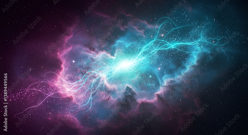 Poster cosmic energy stream emanating from a nebula in deep space, creating a visually stunning display of 