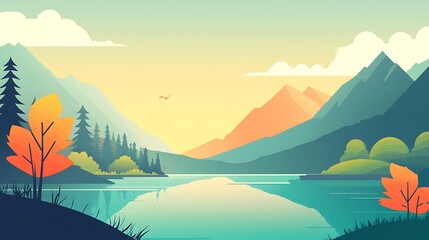 Calm autumn lake nestled in mountains at sunset.