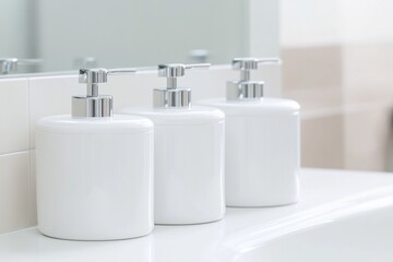 Minimalist design showcases elegant white bottles on sleek count