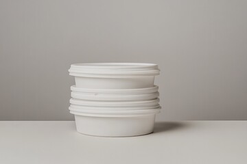 Stacked white containers create minimalistic aesthetic, showcasi
