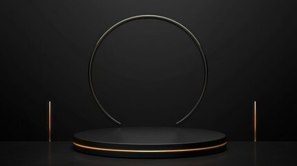 Empty black podium with golden ring, minimalist display, 3D rendering, product presentation